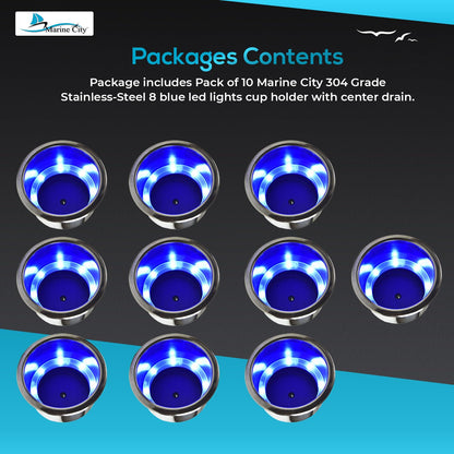 Marine City 8 Blue LED 12V Illuminated Stainless Steel Cup Holder with Drain