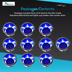 Marine City 8 Blue LED 12V Illuminated Stainless Steel Cup Holder with Drain