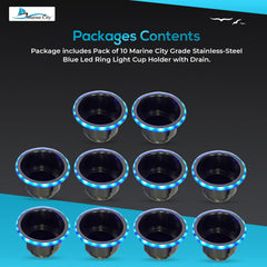 Marine City Stainless Steel 12V Blue LED Ring Cup Holder with Center Drain