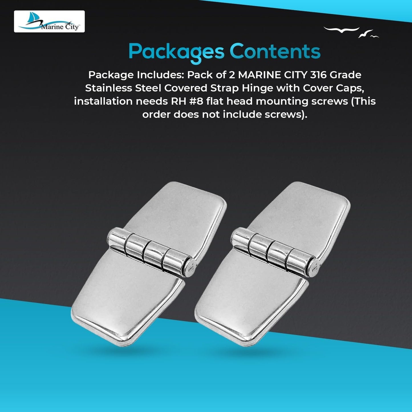 Marine City 316 Stainless Steel Covered Strap Hinges with Caps – 3" x 1-1/2" Marine City