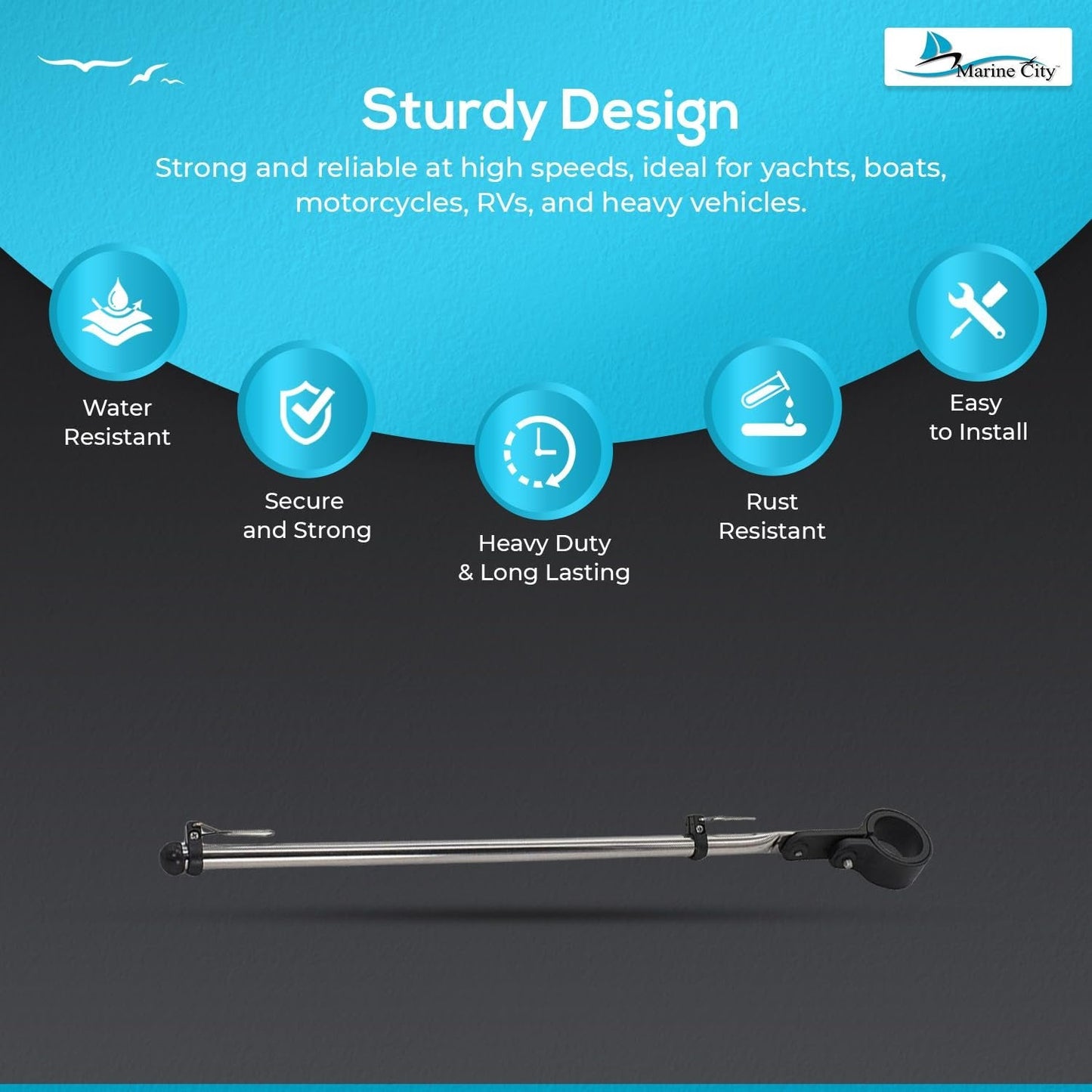 Marine City Stainless Steel Rail Mount Flag Staff Pole – Adjustable Nylon Clamp MARINE CITY