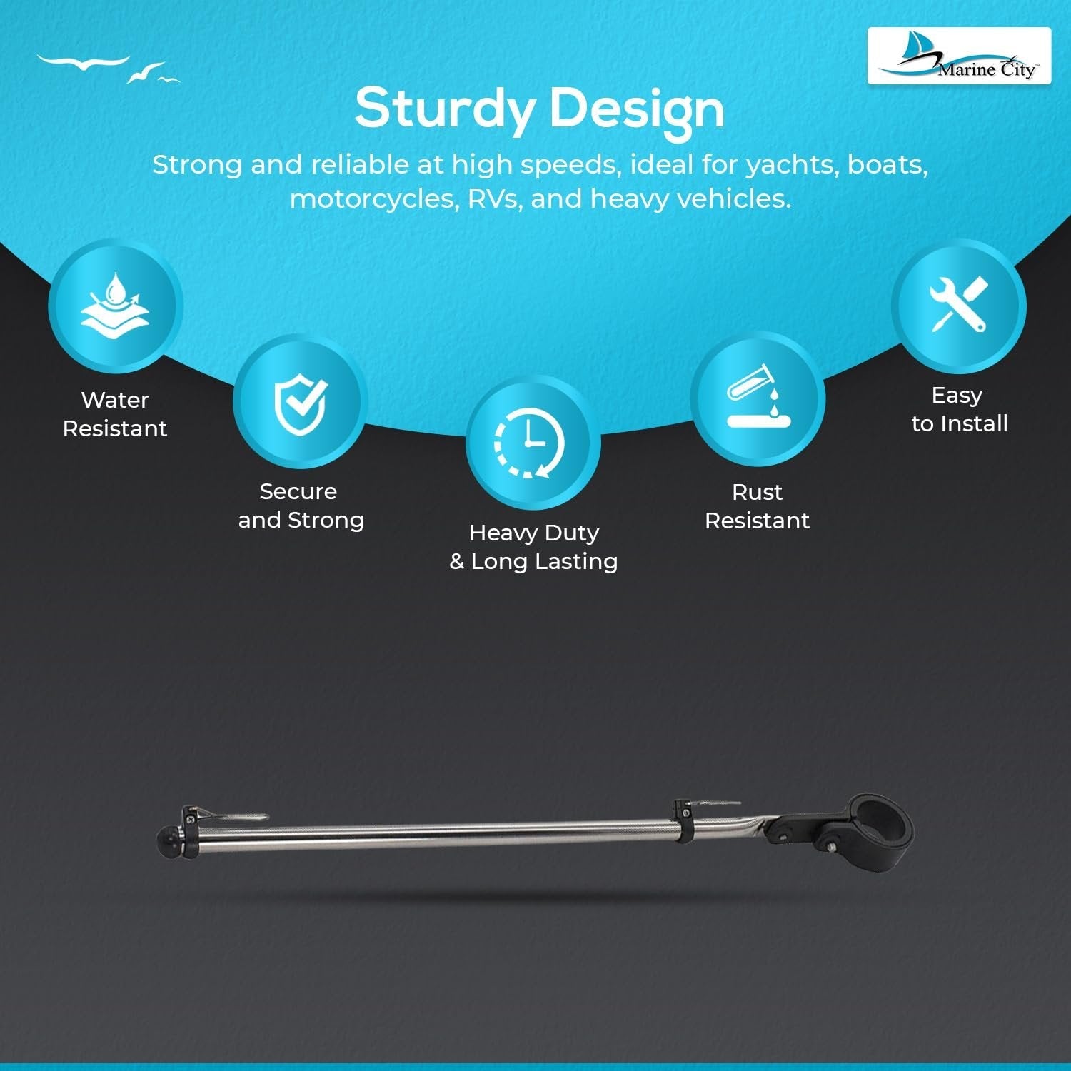 Marine City Stainless Steel Rail Mount Flag Staff Pole – Adjustable Nylon Clamp MARINE CITY