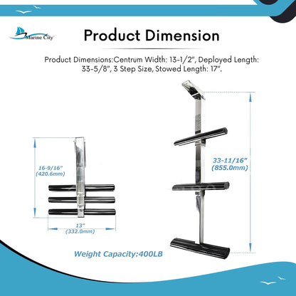 Marine City 3 Step Telescoping Ladder, Stainless Steel, Flip-Up, Anti-Slip Steps Marine City Hardware