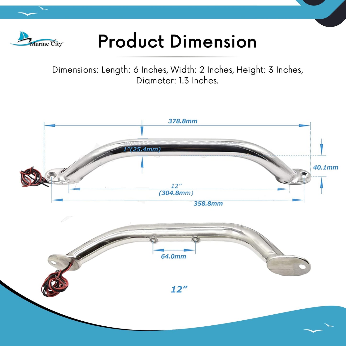 Marine City 12-Inch Grab Rail Handle with 2 Blue LED Lights–304 Stainless Steel