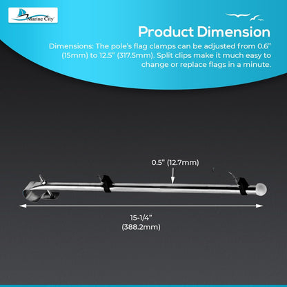 Marine City 304 Stainless Steel Rail Mount Flag Staff Pole with 12x18” US Flag