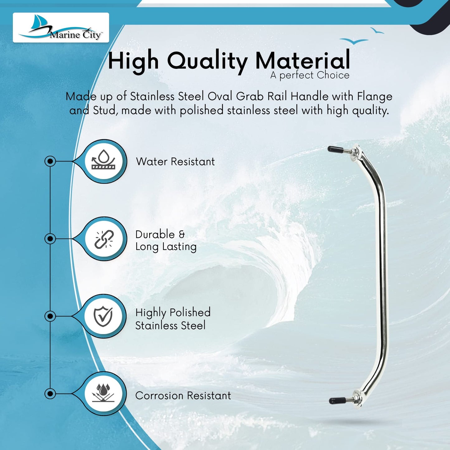 Marine City Stainless Steel Oval Grab Rail Handle with Flange & Stud – 16 Inch
