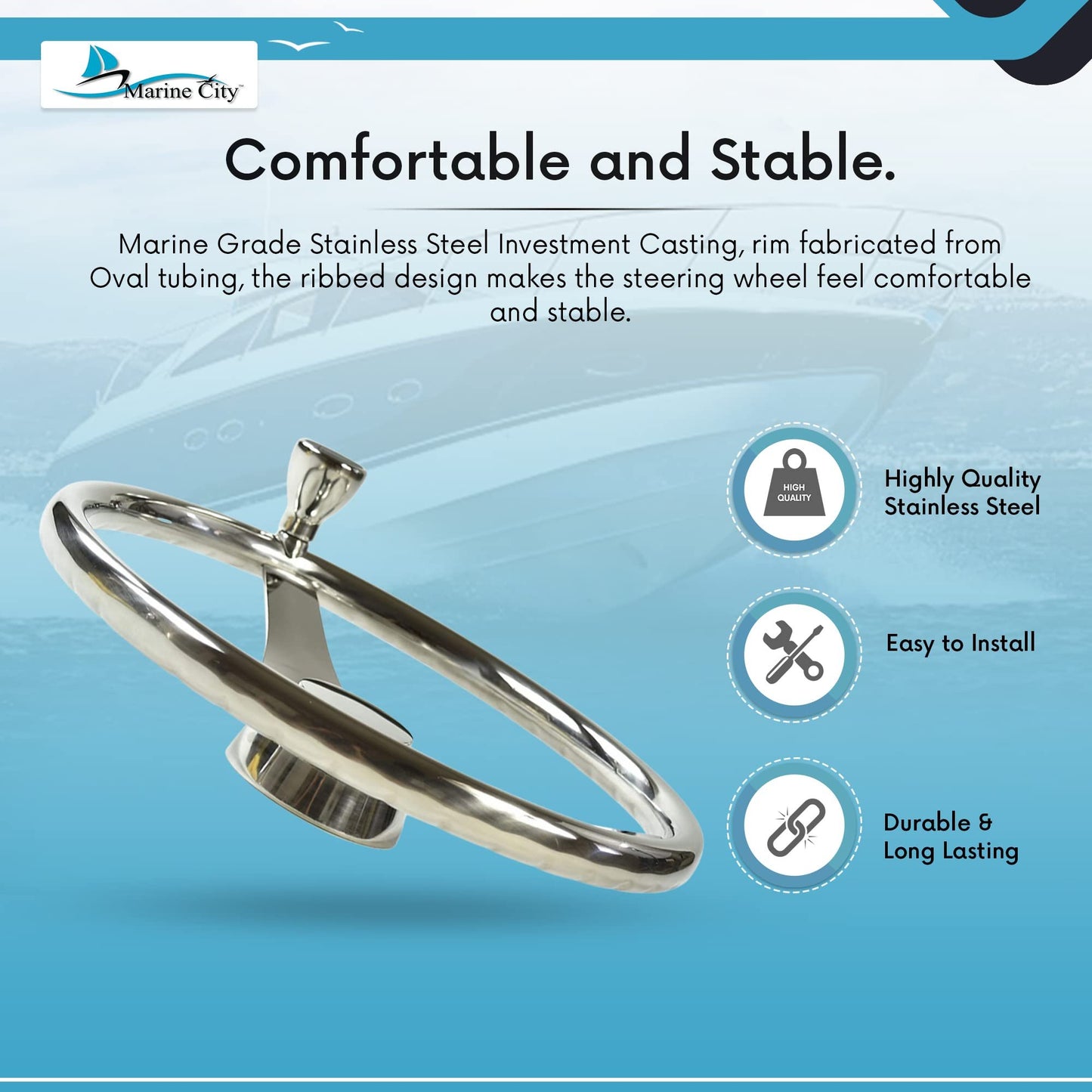 MARINE CITY 3-Spoke Steering Wheel with Knob – 13-1/2” 304 Stainless Steel