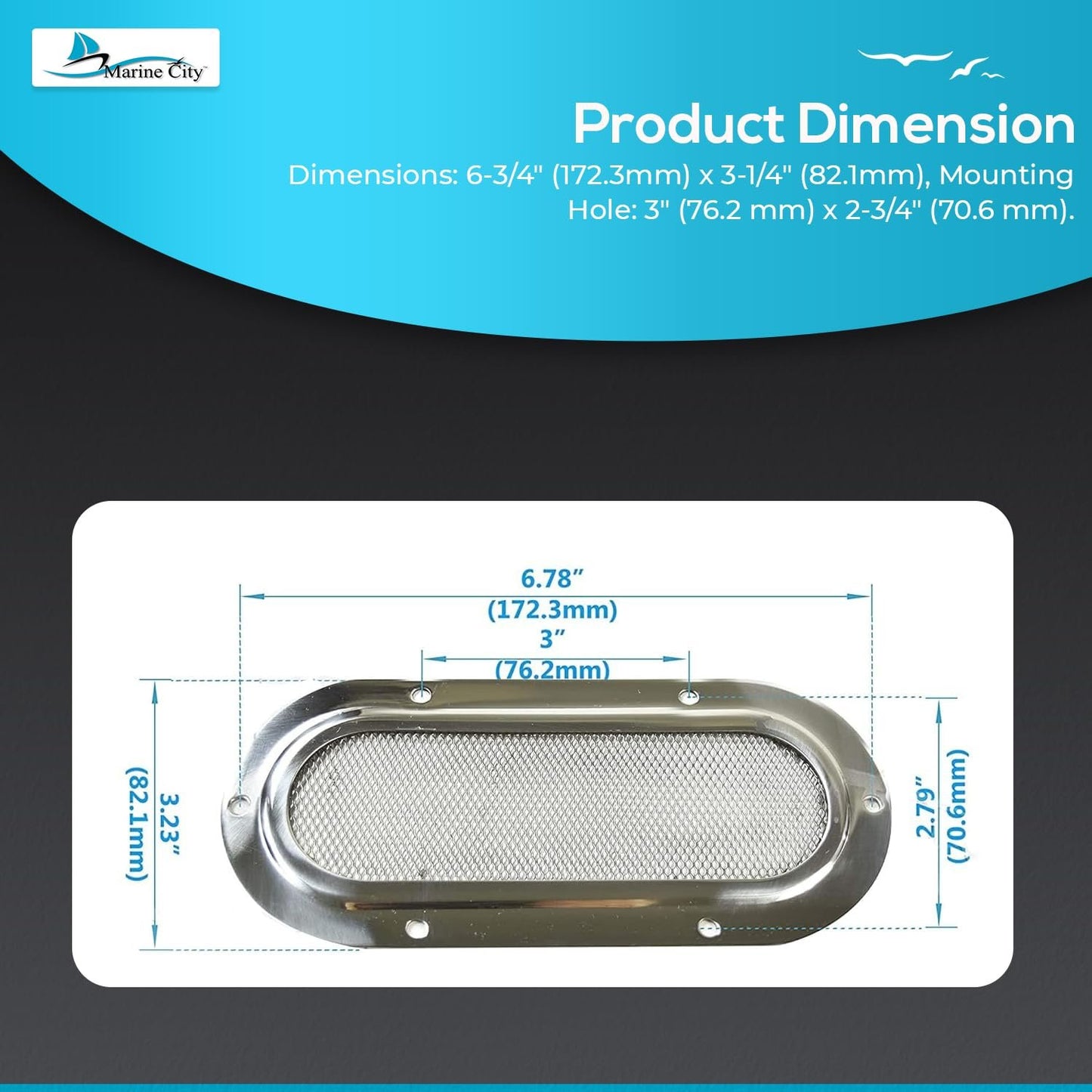 Marine City 316 Stainless Steel Oval Intake Vent Cover – 6-3/4” x 3-1/4”