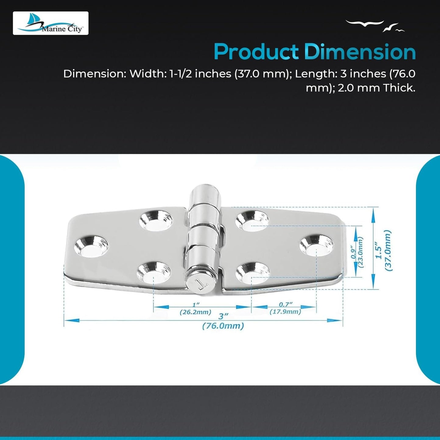 Marine City 304 Stainless Steel Polished Door Strap Hinges 1-1/2 × 3" (2 Pcs) Marine City