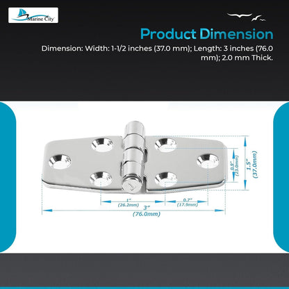 Marine City 304 Stainless Steel Polished Door Strap Hinges 1-1/2 × 3" (2 Pcs) Marine City