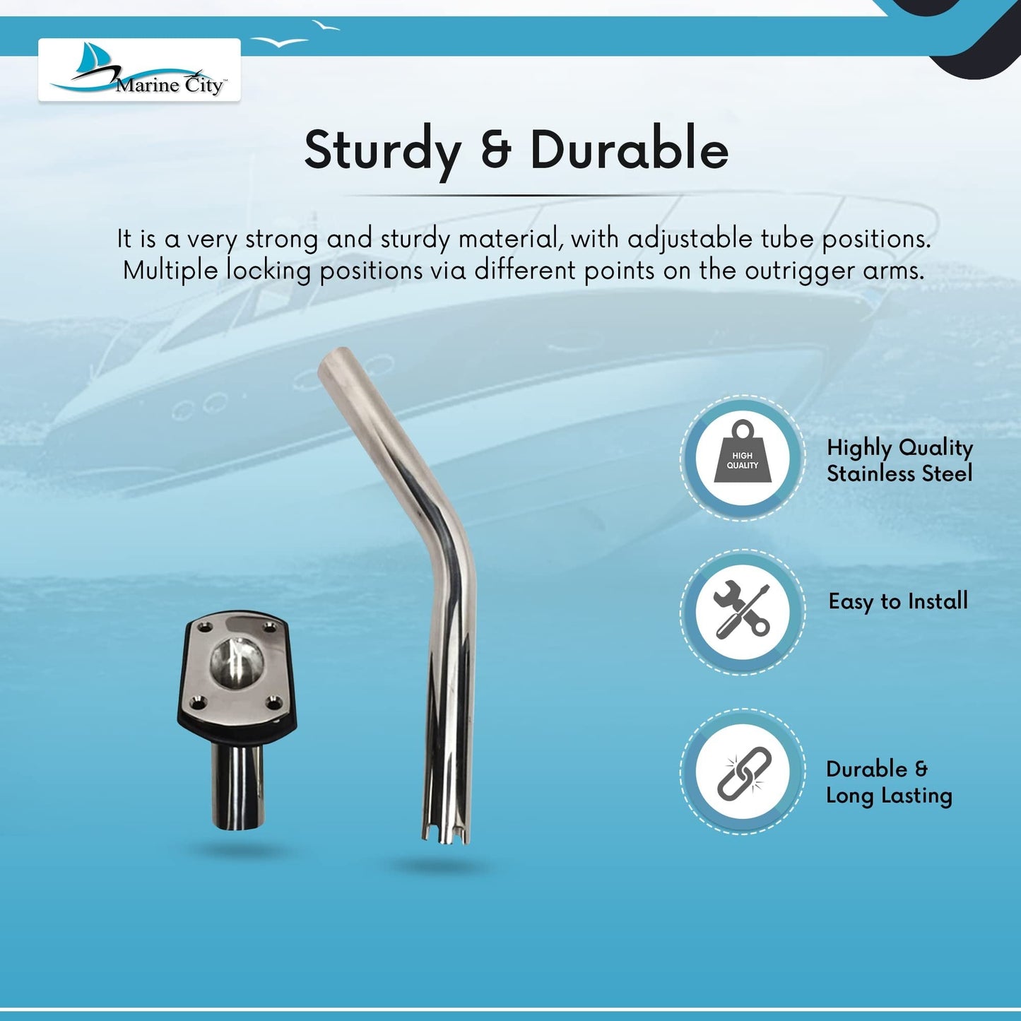 Marine City 304 Stainless Steel Flush Mount Outrigger Pole Rod Holder Kit (2 Pcs) MARINE CITY