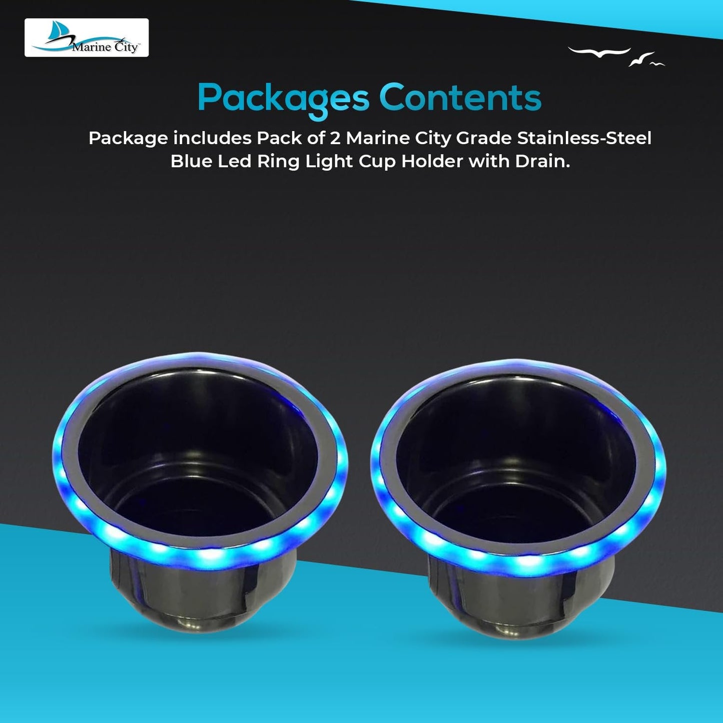 Marine City Stainless Steel Blue LED Ring Cup Holder with Center Drain (2 Pcs) Marine City Hardware