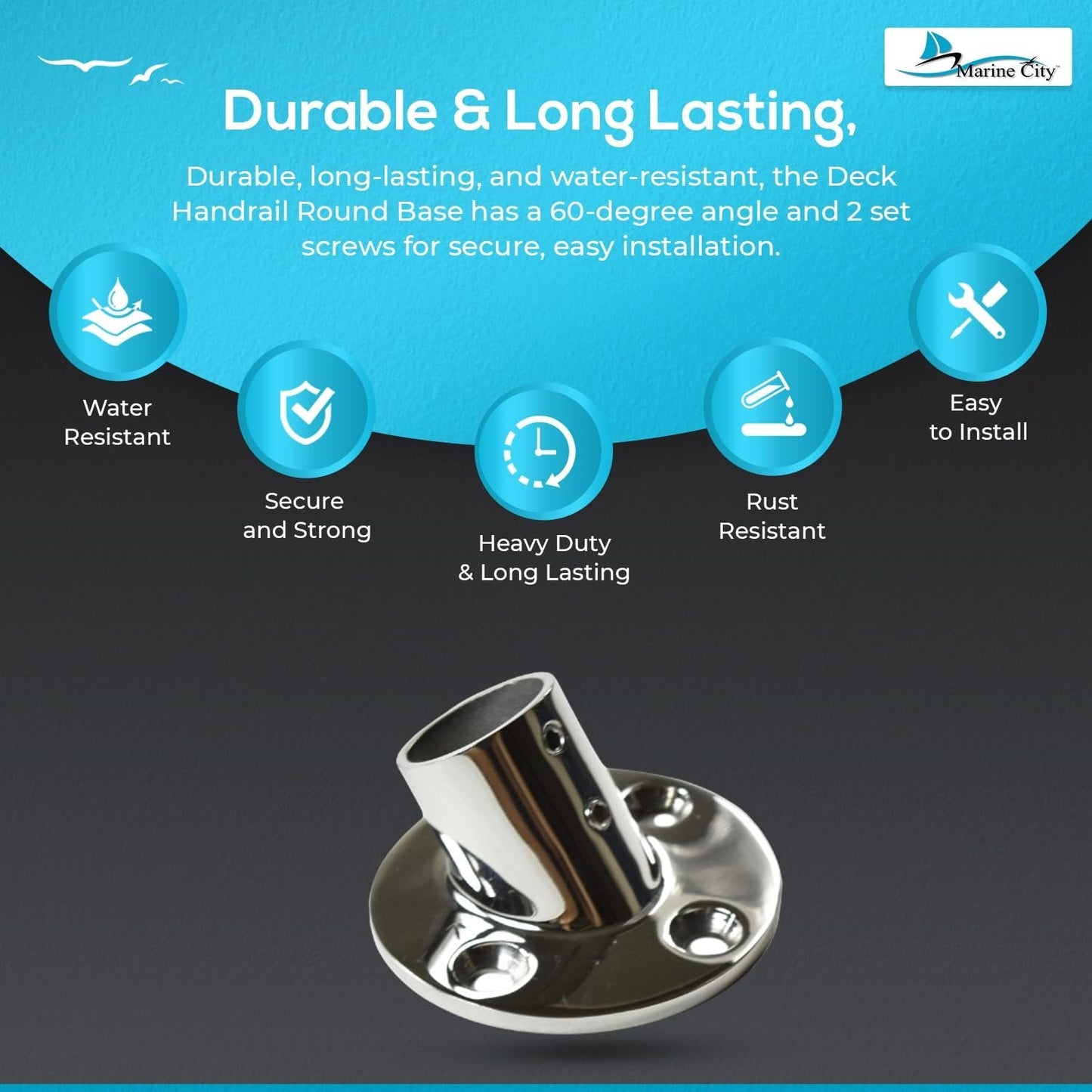Marine City 316 Stainless Steel Boat Hand Railing Fittings – 1” Round Base Marine City