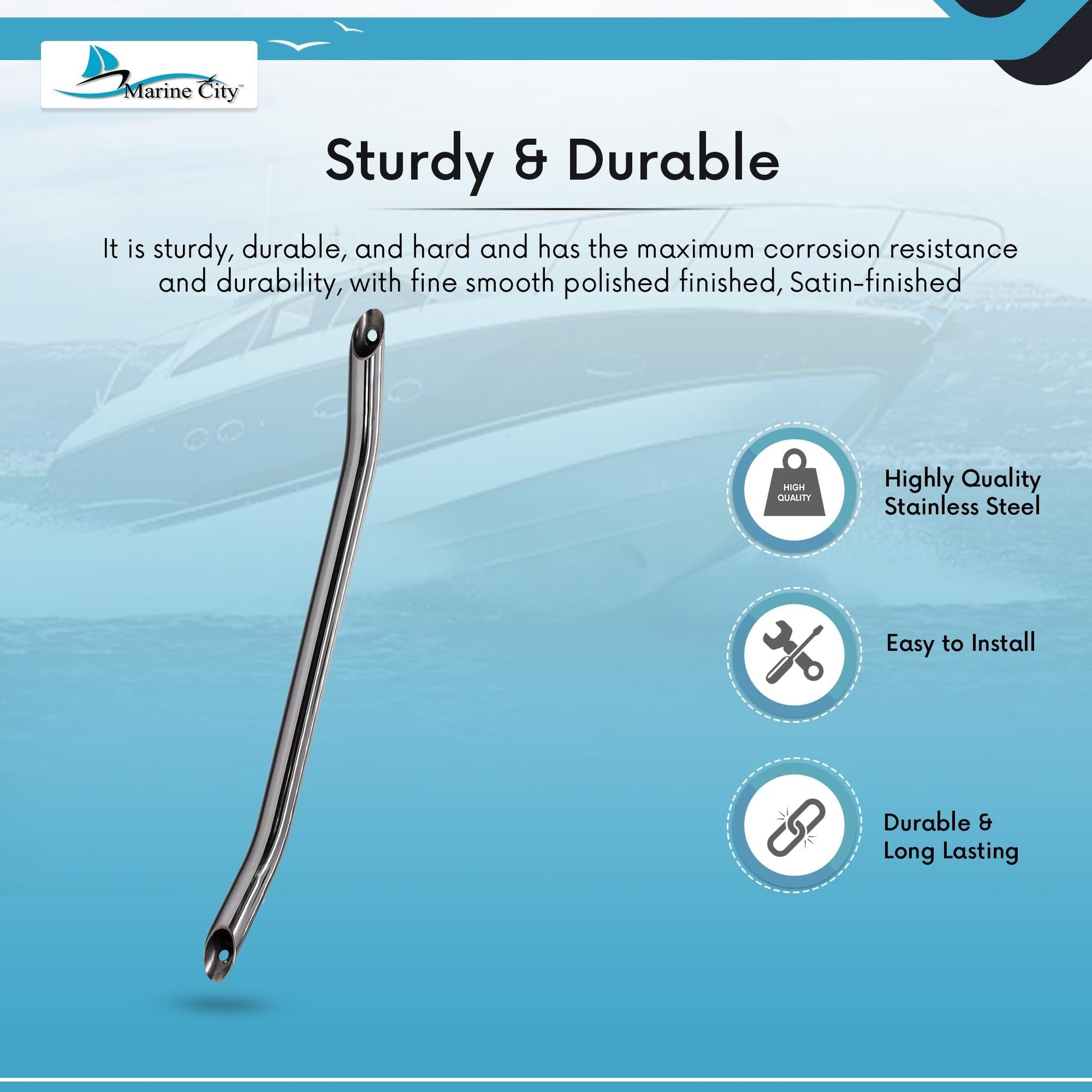 MARINE CITY Stainless-Steel Round Tube Marine 18" Mount Handrail for Boat MARINE CITY