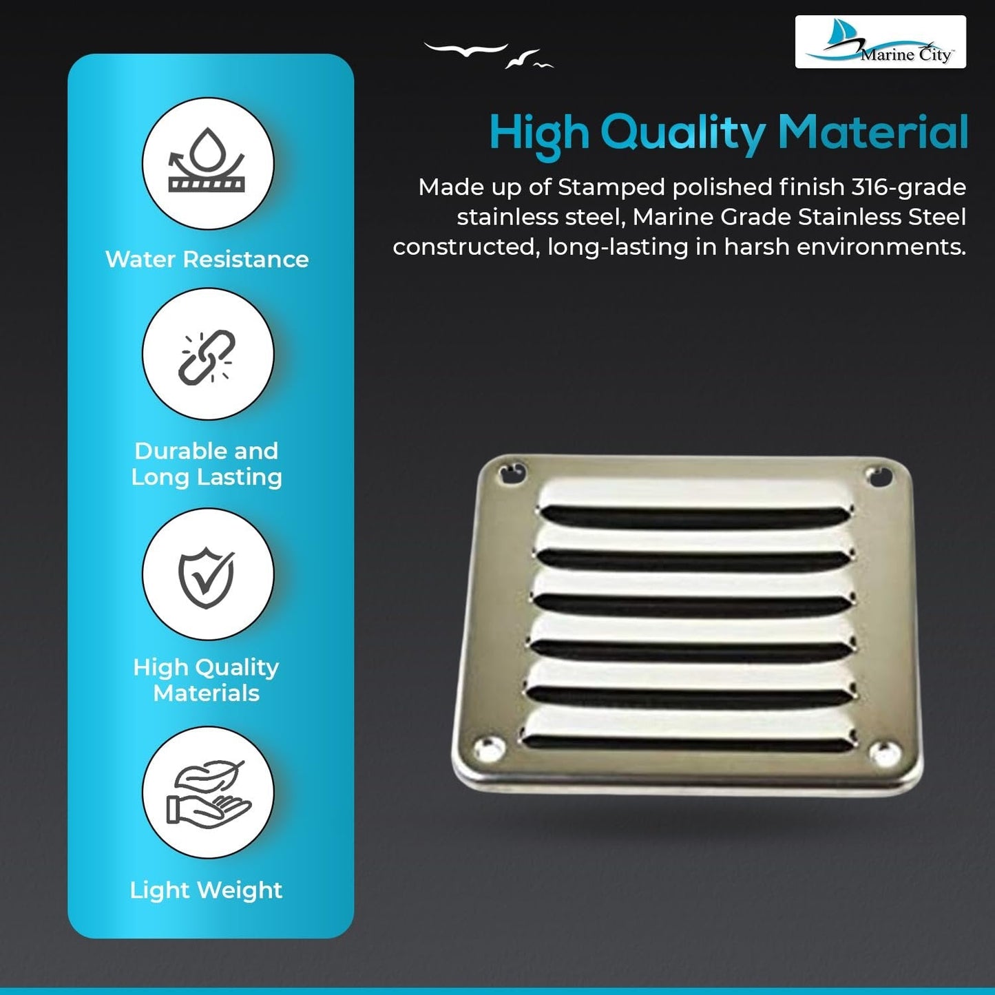 MARINE CITY Rectangle Stamped Louvered Vent – 316 Stainless Steel, 4-13/16” × 5” MARINE CITY
