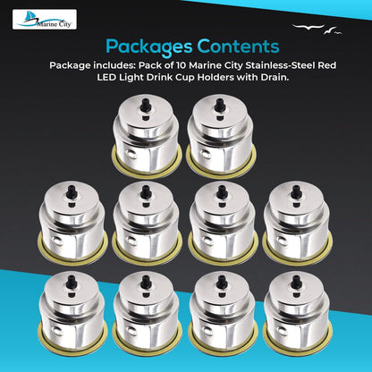 Marine City Stainless Steel Red LED Ring Cup Holder with Center Drain (10 Pcs)