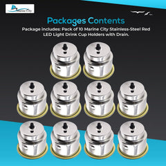 Marine City Stainless Steel Red LED Ring Cup Holder with Center Drain (10 Pcs)