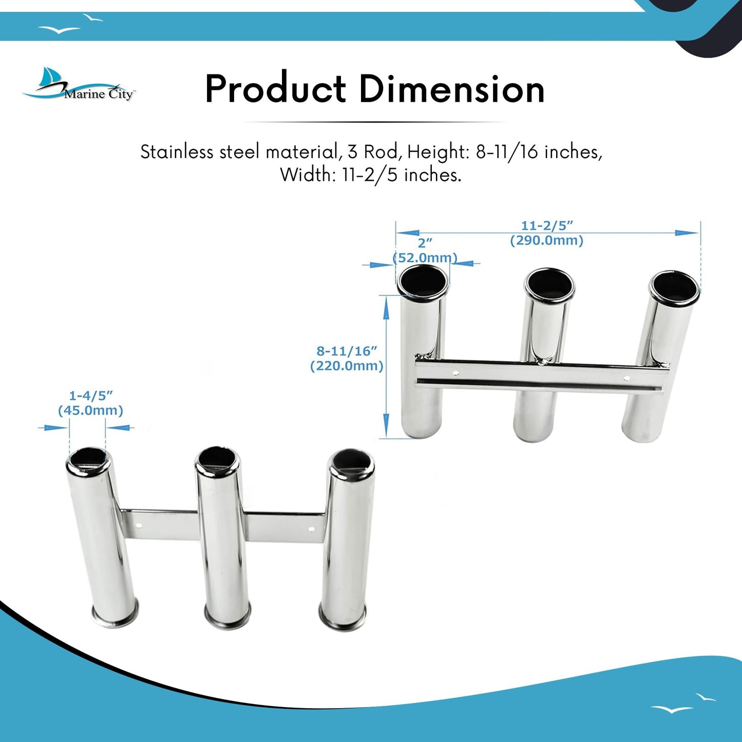 Marine City 3-Link Fishing Tube Rod Holder Rack – Stainless Steel for Boats