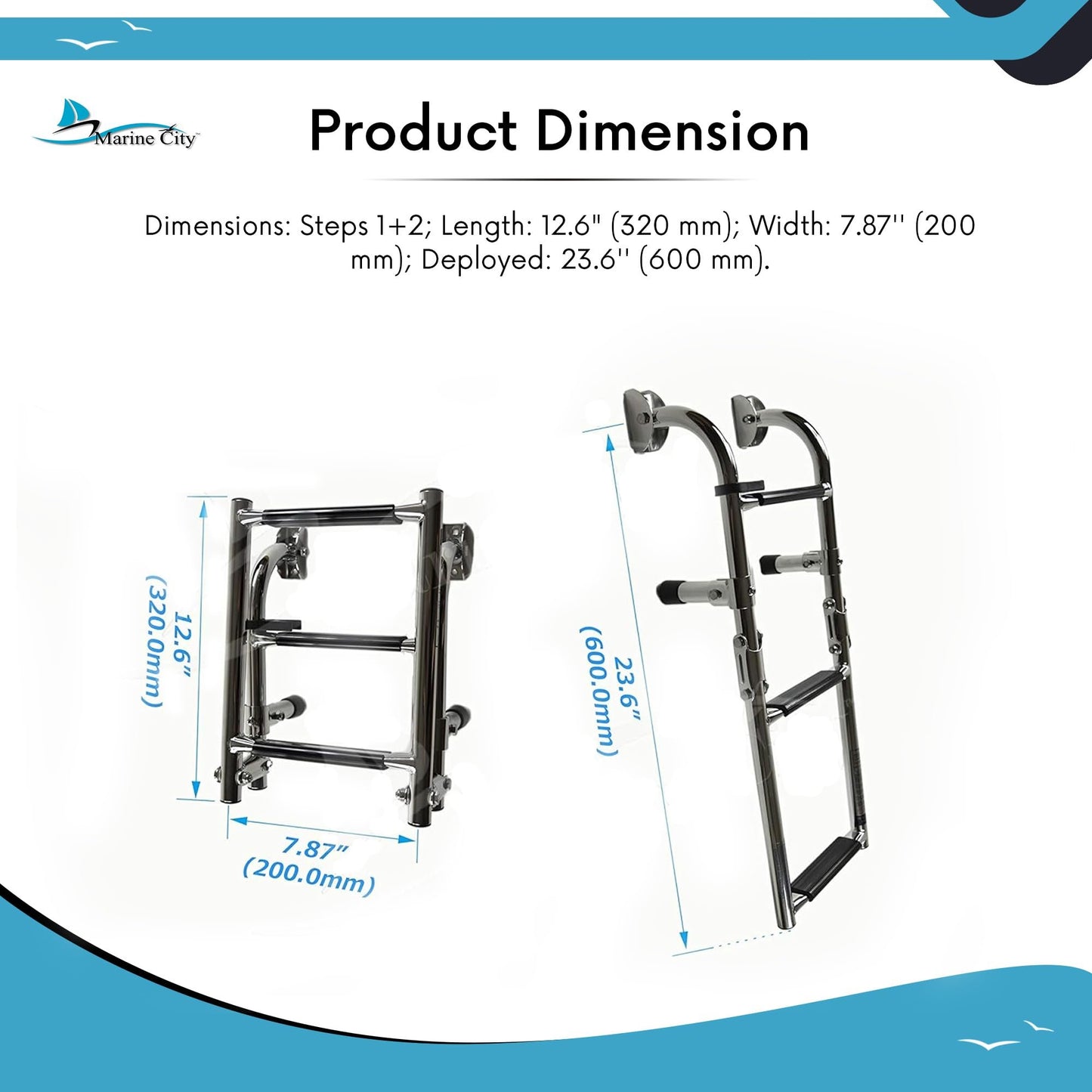 Marine City Escalera de embarque plegable de acero inoxidable para yates y barcos de grado marino de 1+2 escalones