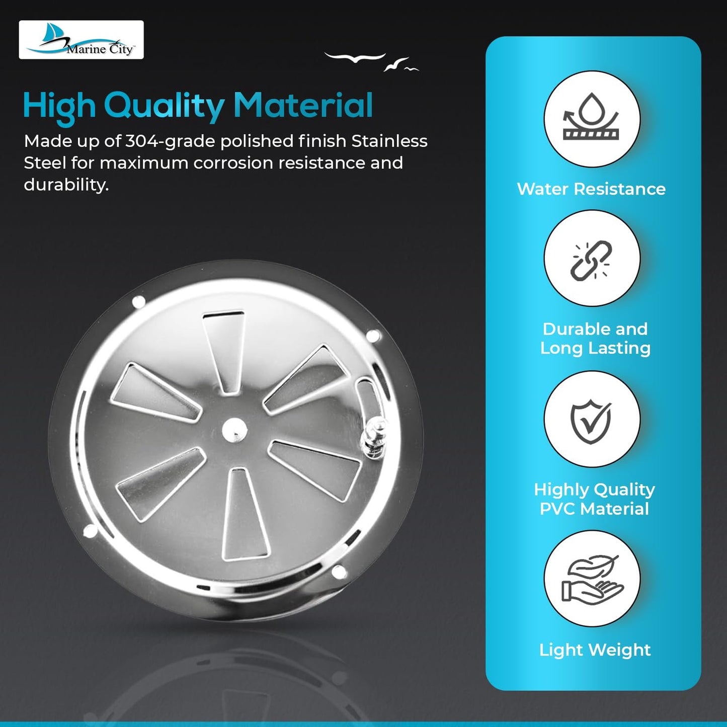 Marine City 4” Stainless Steel Round Louver Vent Cover with Side Knob