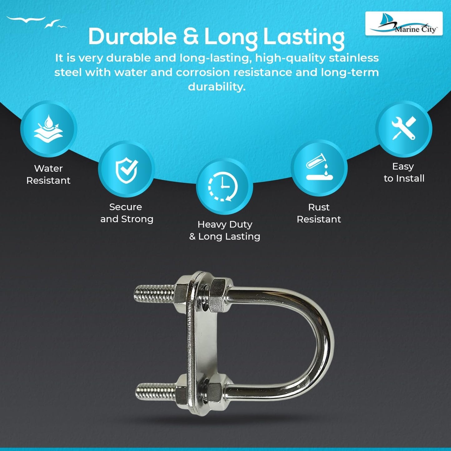 Marine City Bow Eye U-Bolt – 1/4” 304 Stainless Steel, 2-1/2” Length, Heavy Duty Marine City