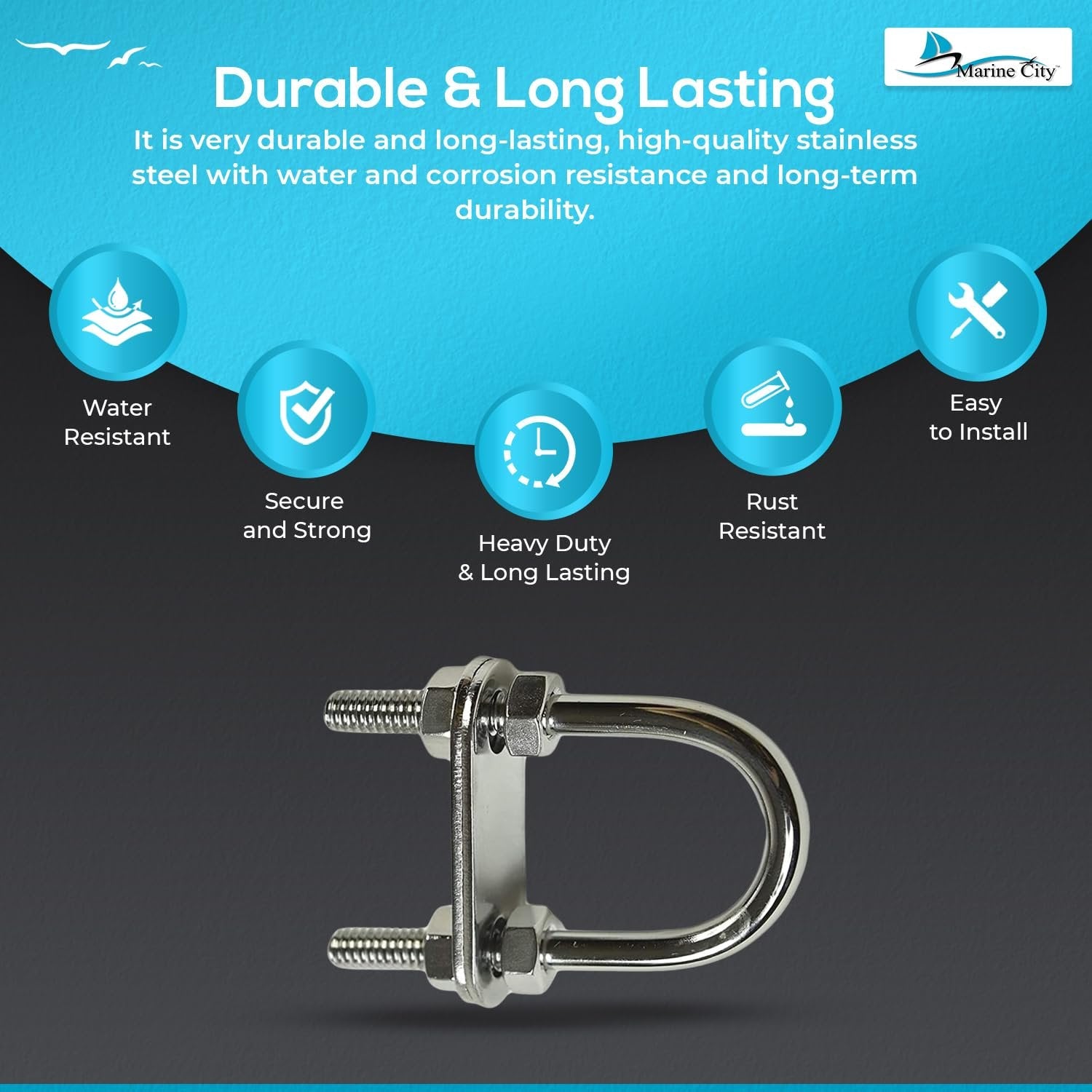 Marine City Bow Eye U-Bolt – 1/4” 304 Stainless Steel, 2-1/2” Length, Heavy Duty Marine City