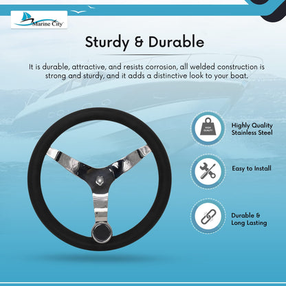 MARINE CITY 3-Spoke Steering Wheel with Knob – 13-1/2” 316 Stainless Steel