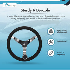 MARINE CITY 3-Spoke Steering Wheel with Knob – 13-1/2” 316 Stainless Steel