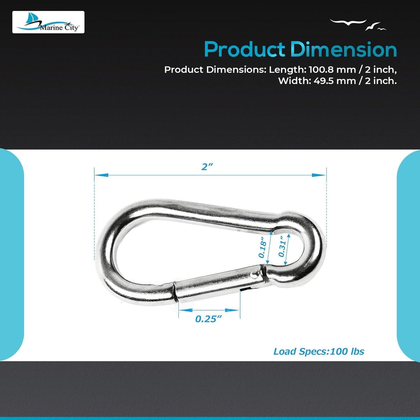 Marine City Carabiner Clip Snap Hook 2 Inches – 316 Stainless Steel, Durable MARINE CITY