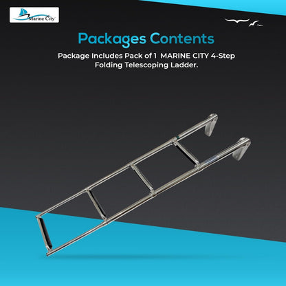 MARINE CITY 4-Step Folding Telescoping Ladder, 304 Stainless Steel Round Tube Boat Boarding Ladder for Swim Platforms & Docks