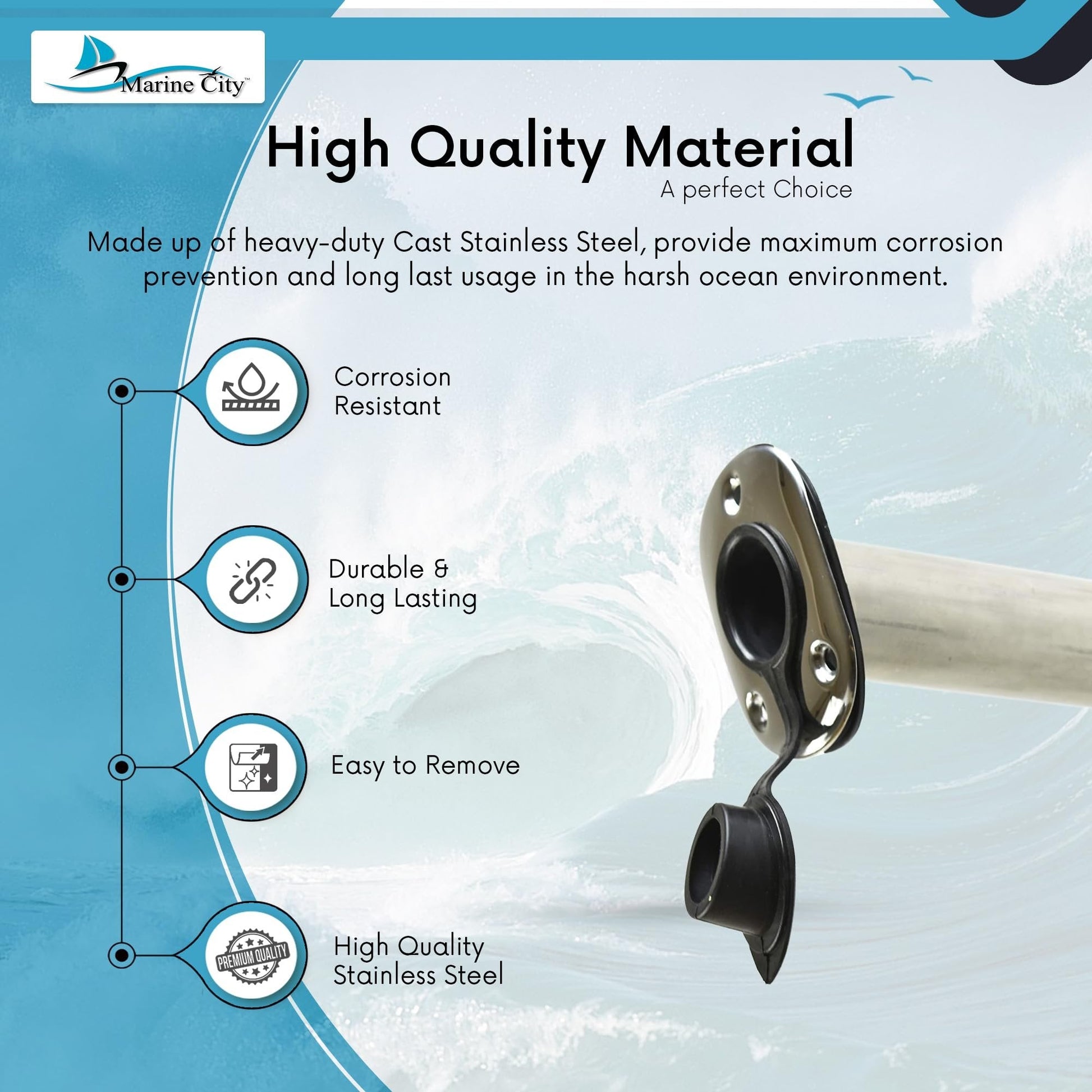 MARINE CITY Stainless Steel Flush Mount Rod Holder – 15° Angle with PVC Liner Marine City