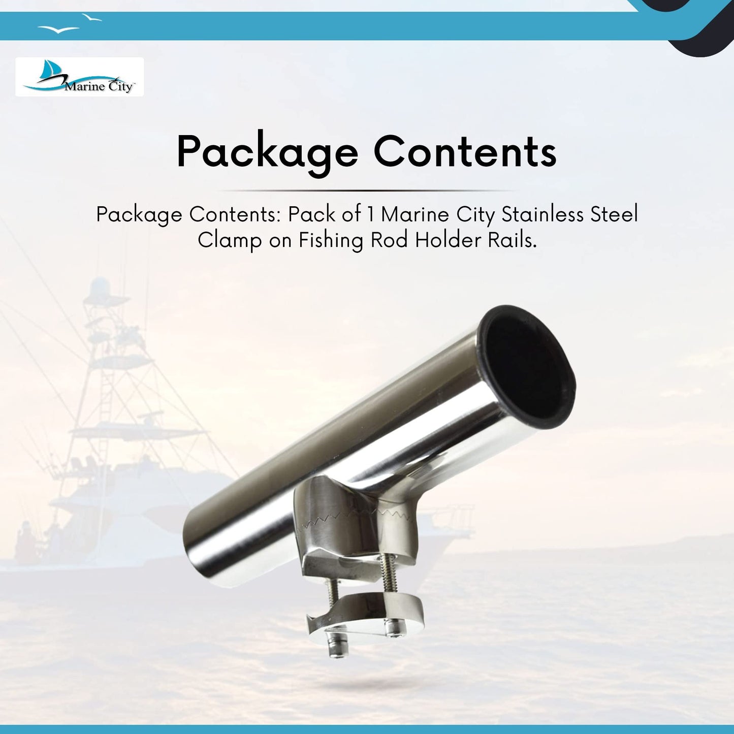 MARINE CITY 316 Stainless Steel Adjustable Clamp On Fishing Rod Holder 1”–1-1/4”