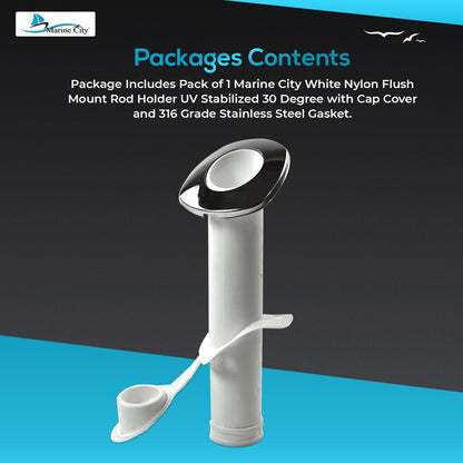 MARINE CITY White Nylon Flush Mount Rod Holder – UV Stabilized 30° with Cap