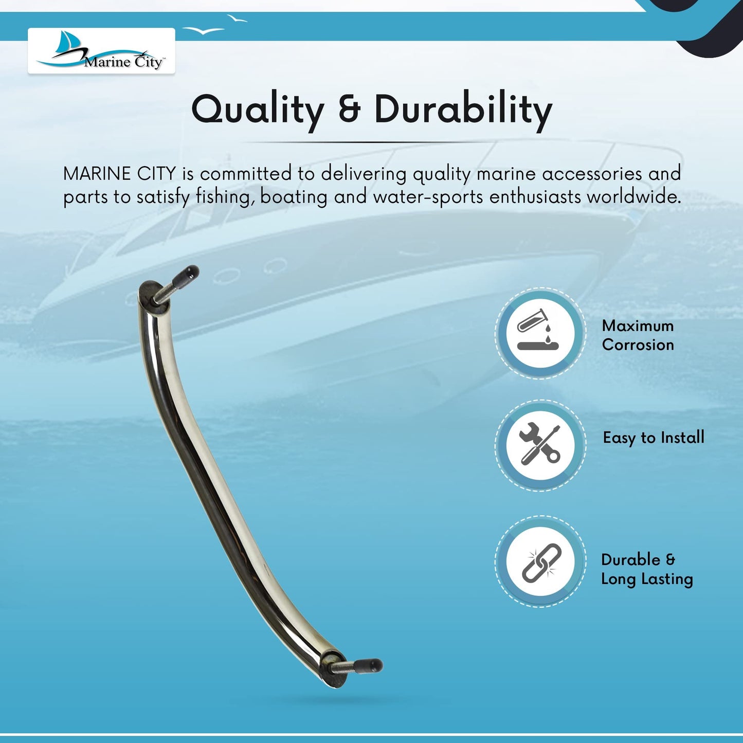 Marine City 11” Stainless Steel Oval Tube Boat Handrail with Flange & Studs