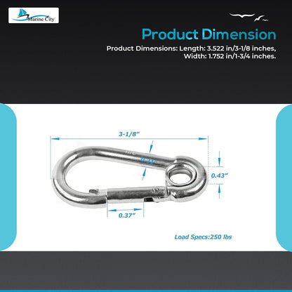 Marine City Carabiner Clip Snap Hook with Ring, 3-1/8” Stainless Steel (10 Pcs)