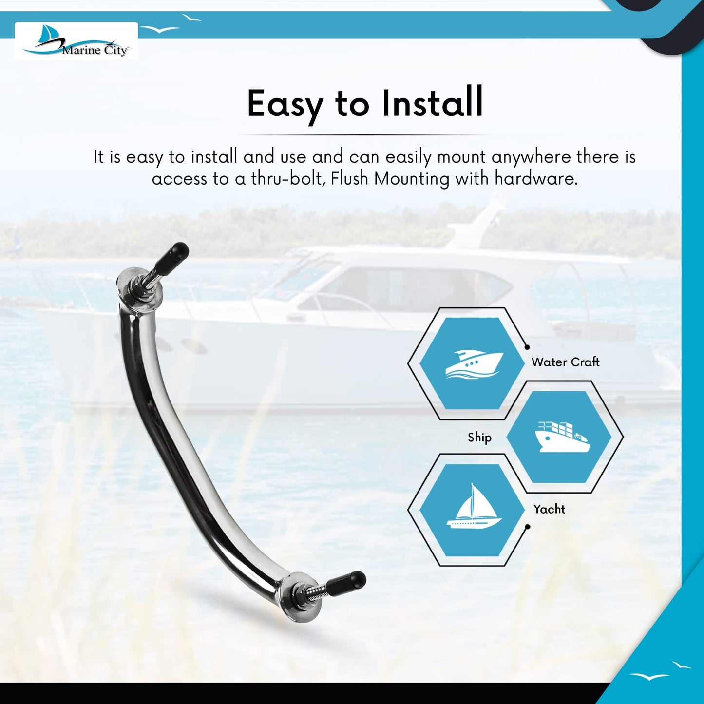 Marine City 8” Stainless Steel Oval Tube Boat Handrail with Flange & Studs