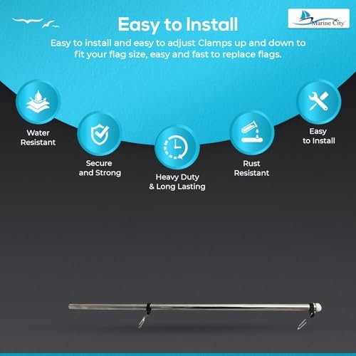 Marine City Rail Mount Flag Staff & 21" Flagpole–304 Stainless Steel, White Base Marine City
