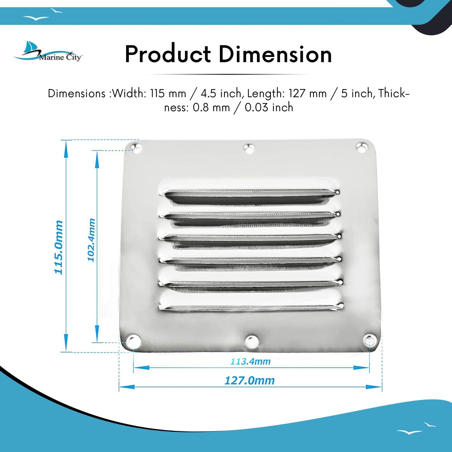 Marine City 304 Stainless Steel Rectangle Stamped Louvered Vent – (Pack of 4)