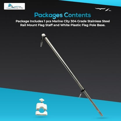 Marine City Rail Mount Flag Staff & 21" Flagpole–304 Stainless Steel, White Base Marine City