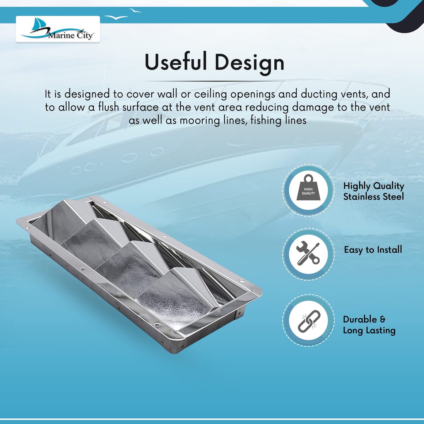 Marine City 4-Slot Louvered Vent – Stainless Steel, 10 × 4-3/8", Mirror Finish