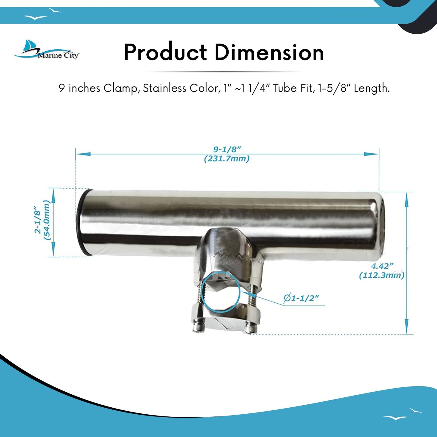 MARINE CITY 316 Stainless Steel Adjustable Clamp On Fishing Rod Holder 1”–1-1/4”