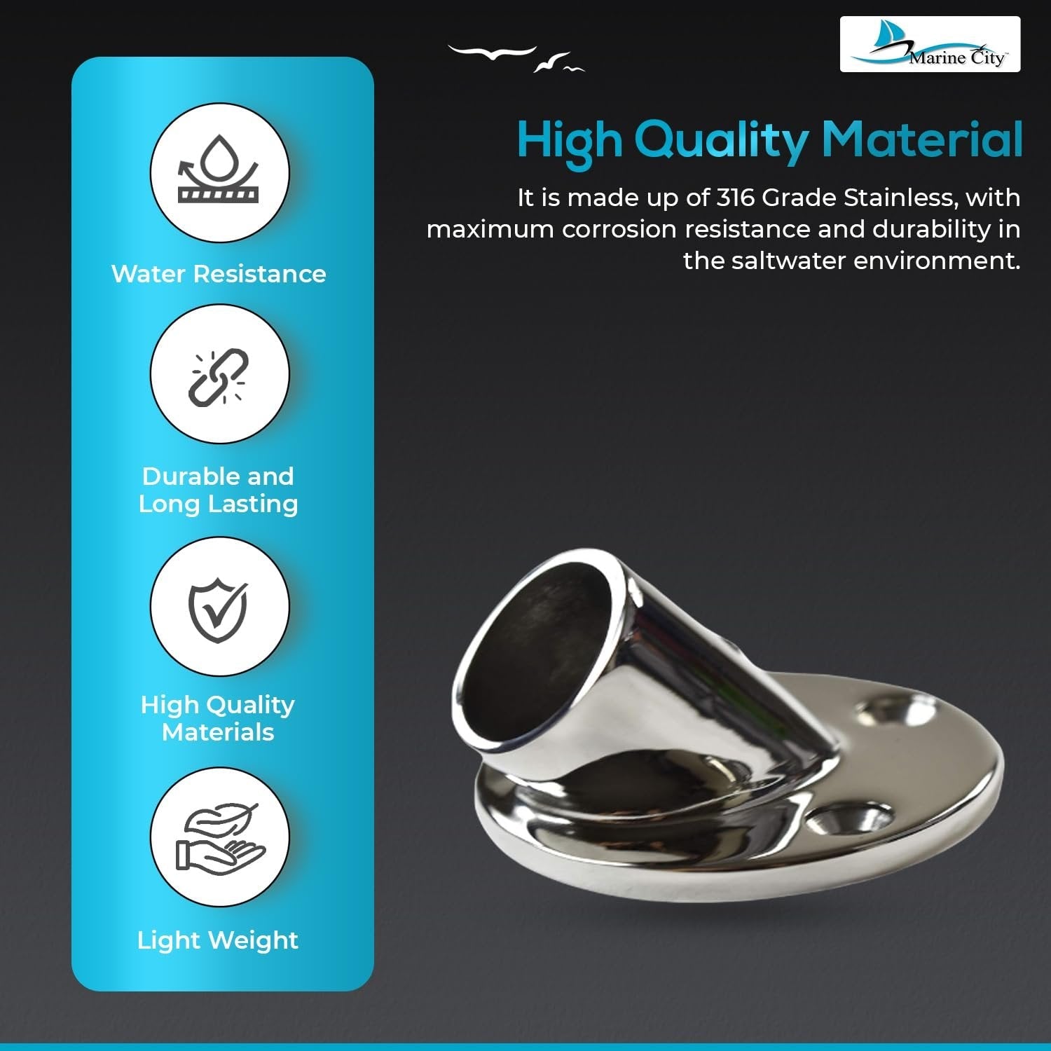 Marine City 316 Stainless Steel Boat Hand Railing Fittings – 1” Round Base Marine City