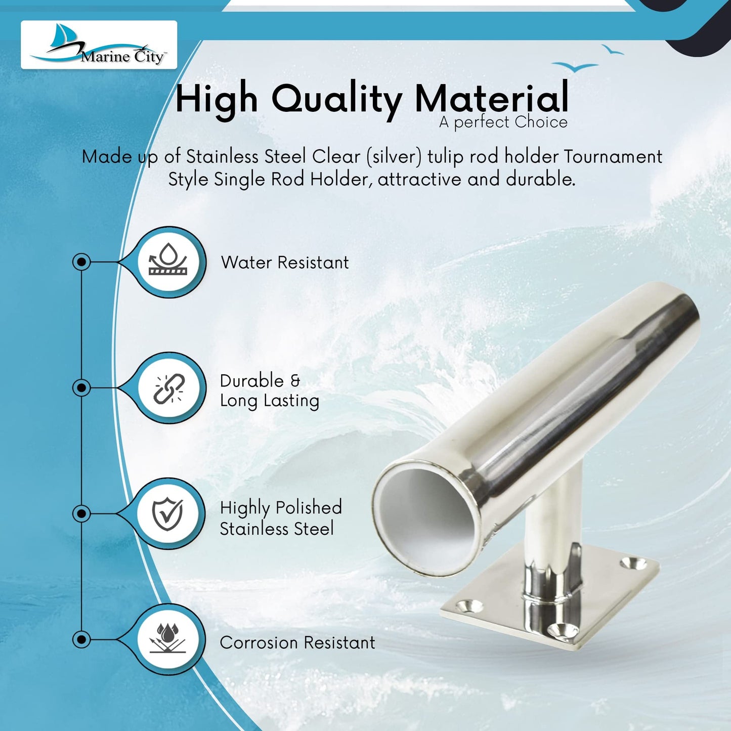 Marine City Tournament Style Single Rod Holder – Stainless Steel, 90° Angle