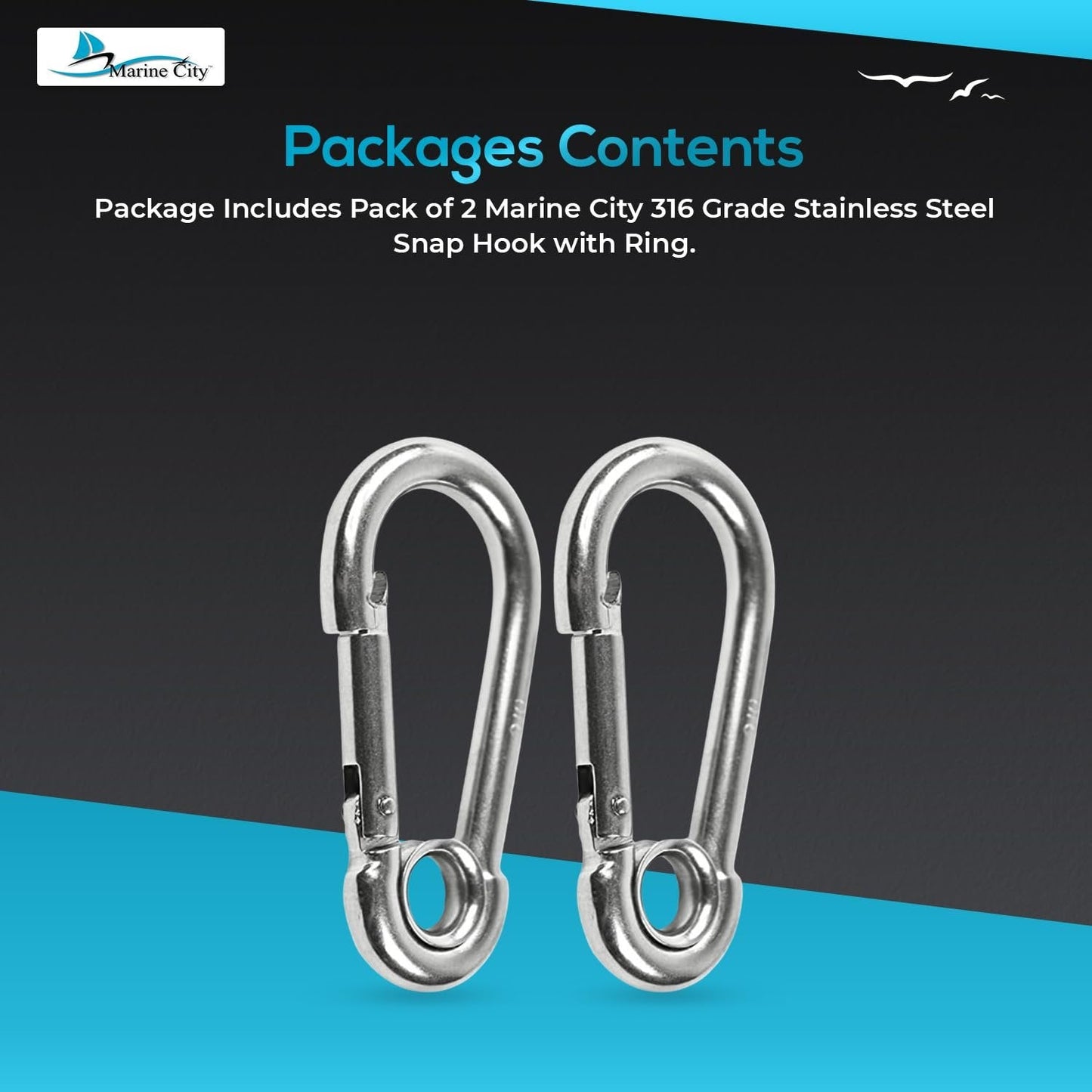 Marine City Carabiner Clip Snap Hook with Ring 2-3/4” Stainless Steel, Rustproof Marine City Hardware