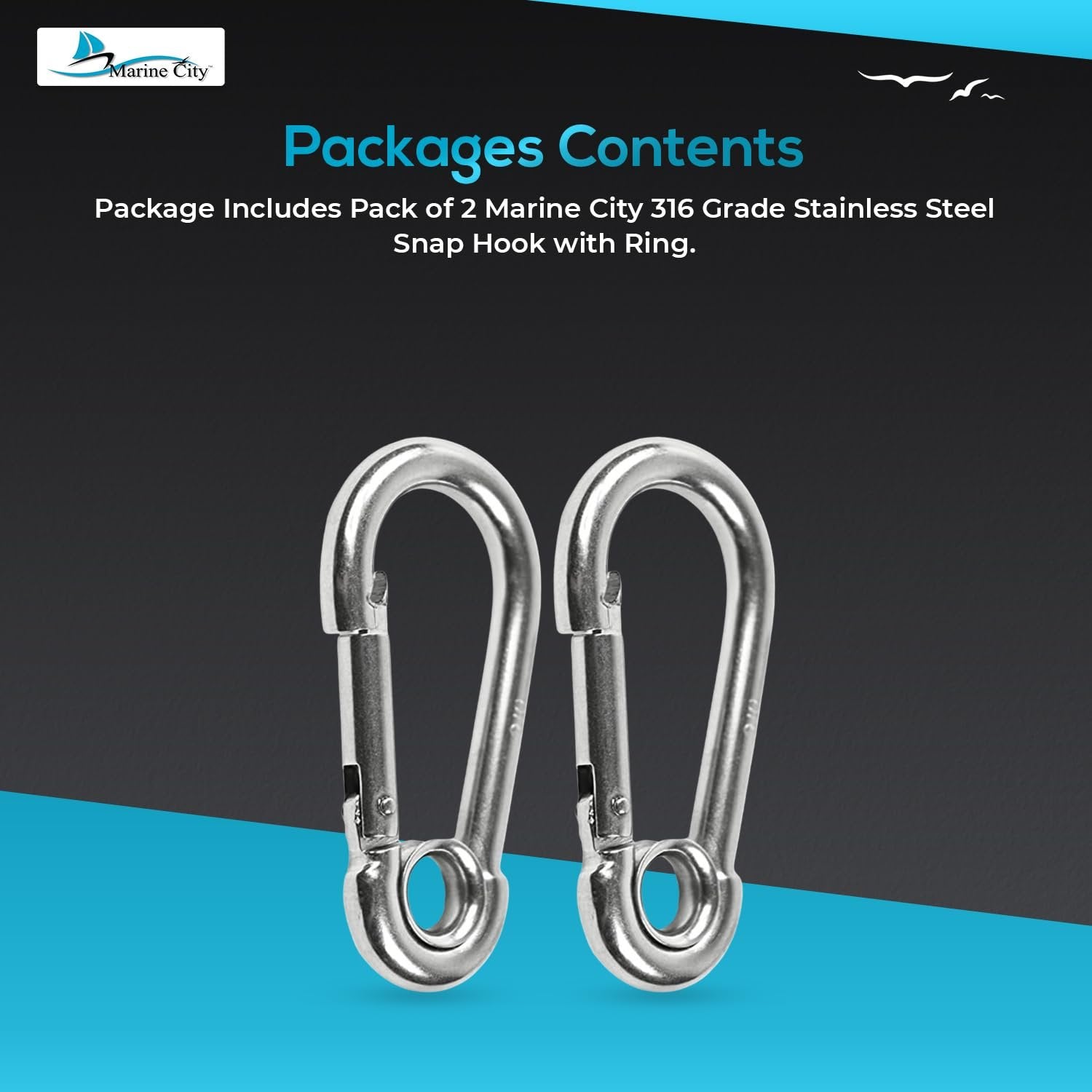 Marine City Carabiner Clip Snap Hook with Ring 2-3/4” Stainless Steel, Rustproof Marine City Hardware