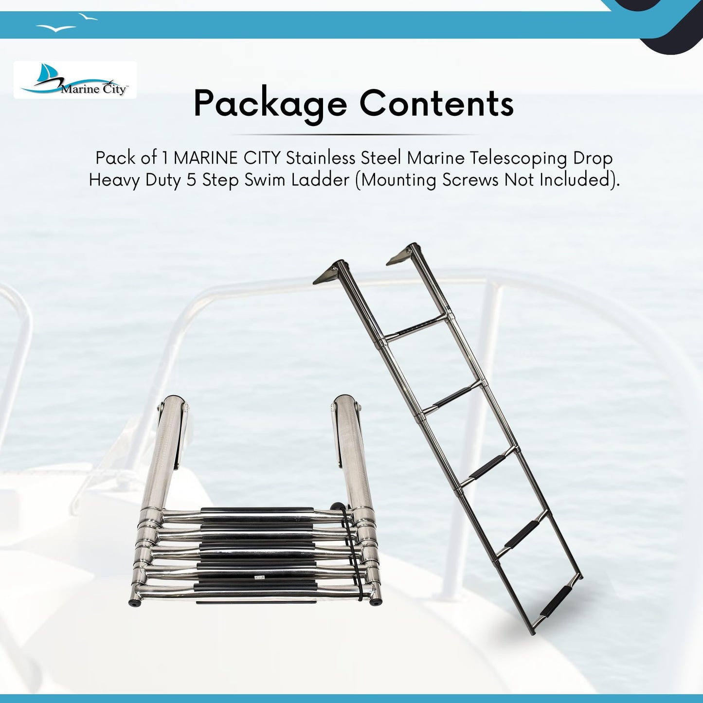 Marine City 5-Step Telescoping Swim Ladder, 304 Stainless Steel, 400 lb Capacity