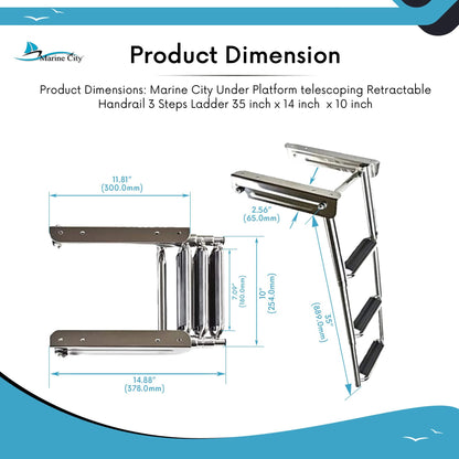 MARINE CITY Escalera telescópica telescópica de 3 escalones de acero inoxidable debajo de la plataforma para barco, yate
