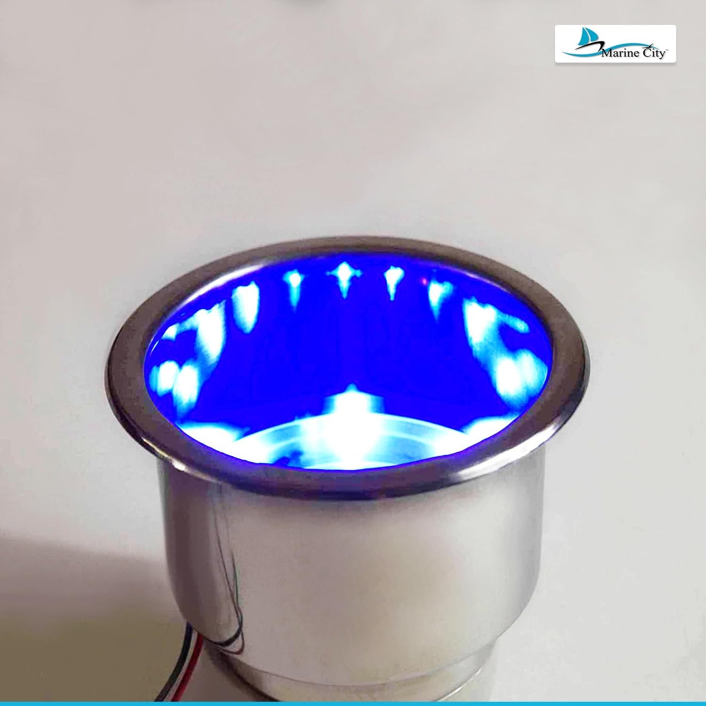 Marine City 8 Blue LED 12V Illuminated Stainless Steel Cup Holder with Drain