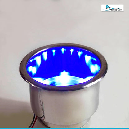 Marine City 8 Blue LED 12V Illuminated Stainless Steel Cup Holder with Drain