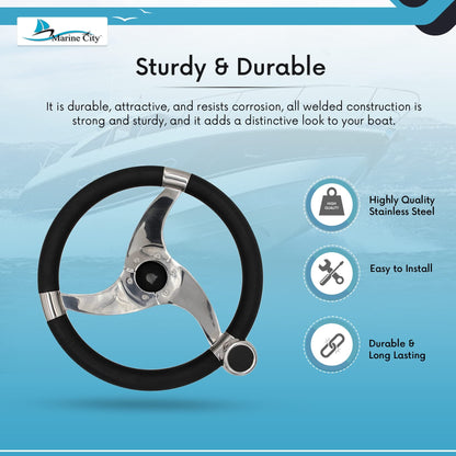 Marine City Sports 3-Spoke Steering Wheel – 316 Stainless Steel, 13-1/2 Inch